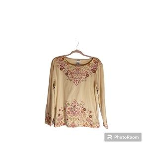 Vintage Talbots Women’s Long Sleeve Cream Top W/ Printed Border SZ XL